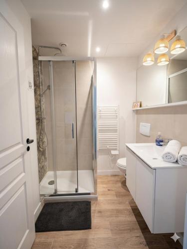 a white bathroom with a shower and a toilet at Appart'Hôtel Bellevue in Bayonne