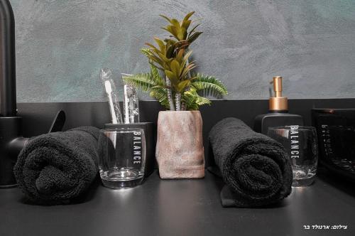 a black counter with towels and a bottle and a plant at Sagit luxury suites in Elqosh