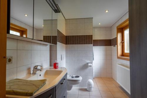 a bathroom with a sink and a toilet at Waldsiedlung - Haus 9 in Senftenberg