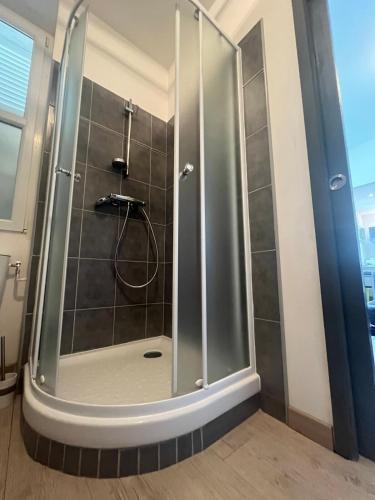 a shower with a glass door in a bathroom at Le Quai Confort T2 - in Ax-les-Thermes