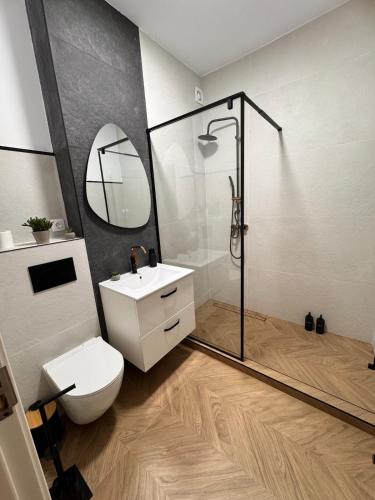 a bathroom with a shower and a toilet and a sink at Aura Home - Livezeni Hiperbara in Livezeni
