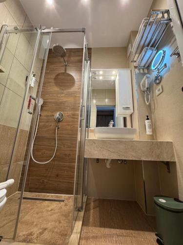 a bathroom with a shower and a sink at Resort Comfort - Long Beach in Ulcinj