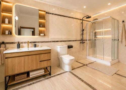 a bathroom with a toilet and a sink and a shower at Maria Gracia House in Grand-Bassam