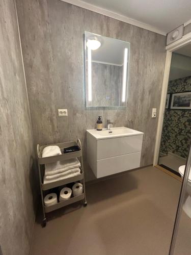 a bathroom with a sink and a mirror at Jugend 1902 in Ålesund
