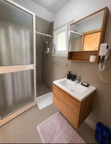 a bathroom with a sink and a shower and a mirror at Guest house Panorama in Koman