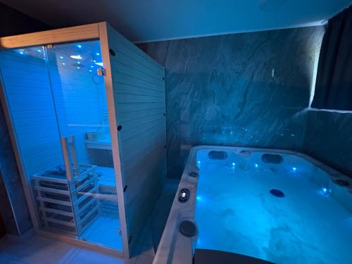 a bathroom with a large tub in a blue room at Guesthouse Ema in Bohinj