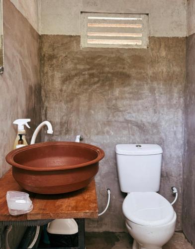 a bathroom with a copper sink and a toilet at Waves & Paws Hostel in Arugam Bay