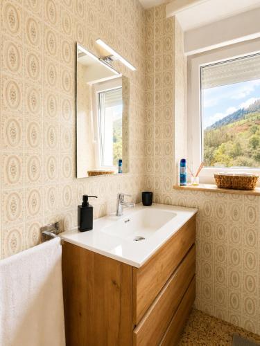 a bathroom with a sink and a mirror and a window at Fantastico retiro rural en el corazon de Euskadi in Elgóibar