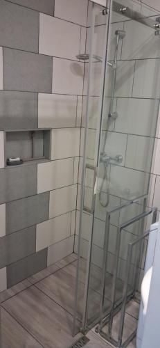 a shower with a glass door in a bathroom at Centralhome in Miskolc