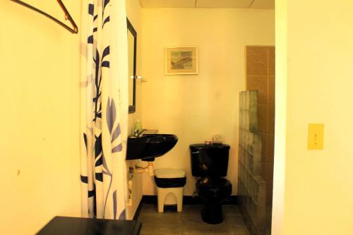a bathroom with a black toilet and a sink at The Landing Hotel And Restaurant in Moyogalpa