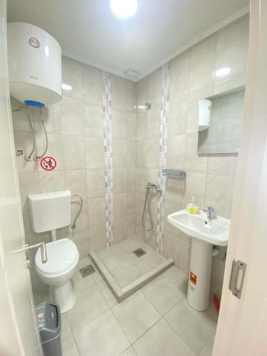 a bathroom with a toilet and a sink at Lake Breeze Aparments - Trpejca in Trpejca