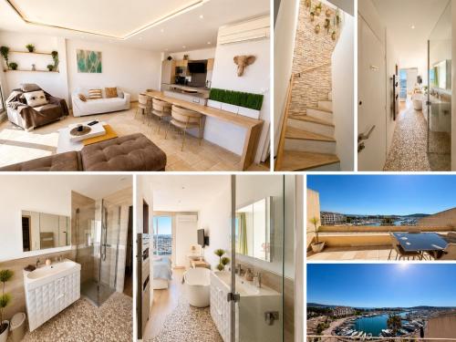 a collage of photos of a living room and a kitchen at Loft Marina in Cogolin
