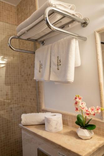 a bathroom with a towel rack and a sink with towels at Casa Soarelui in 2 Mai