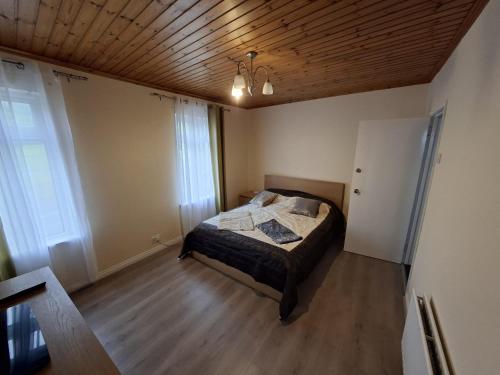 a bedroom with a bed and a wooden ceiling at Hanna house in Belfast