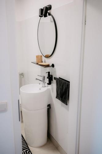 a bathroom with a sink and a mirror at Apartment am Berg in Grünstadt