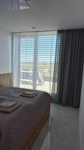 a bedroom with a bed and a large window at Apartman Bartimej 3A in Bobrów