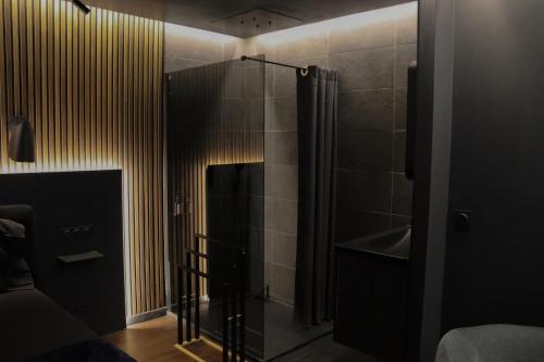 a black bathroom with a shower and a sink at Osmose Dijon in Dijon