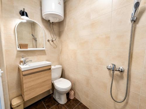 a bathroom with a shower and a toilet and a sink at Villa Mare Apartments in Tivat