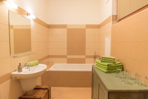 a bathroom with a sink and a toilet and a tub at Apartment Sirius D in center of CB. in České Budějovice