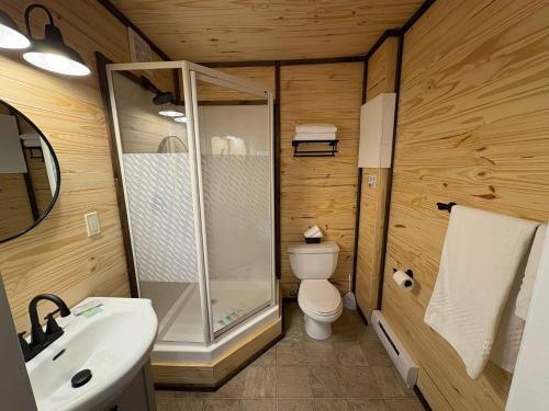 a bathroom with a shower and a toilet and a sink at Lush's Cottages in Cormack