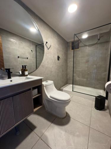 a bathroom with a toilet and a sink and a shower at Almar House in Guaquen