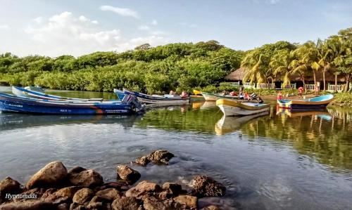 a group of boats on a river with palm trees at Poneloya Budget Accomodations in León