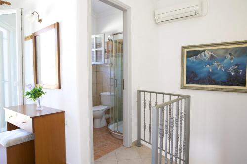 a bathroom with a toilet and a painting on the wall at Soustas Apartments in Longós