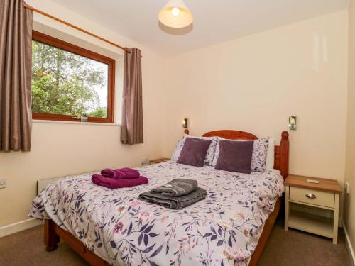 a bedroom with a bed with purple pillows and a window at Orchard Cottage in Ledbury