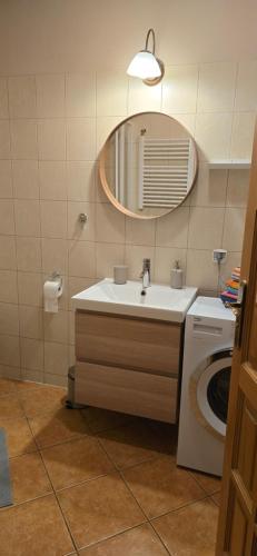 a bathroom with a sink and a mirror and a washing machine at KURNACHATA in Wetlina