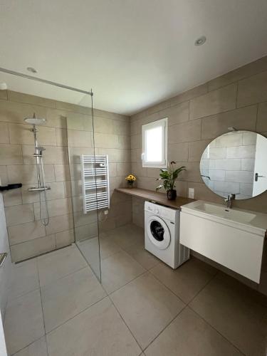 a bathroom with a shower sink and a washing machine at Cottage with garden in La Roche-sur-Yon