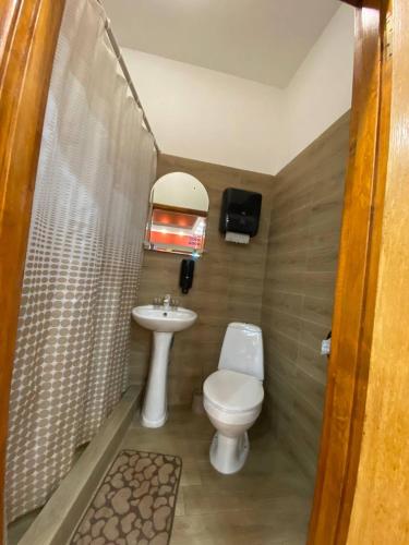ein kleines Badezimmer mit Toilette und Waschbecken in der Unterkunft Готель Даніель in Mukatschewo