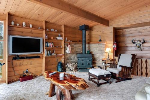 a living room with a fireplace and a tv at Lakeview North in Lac du Flambeau
