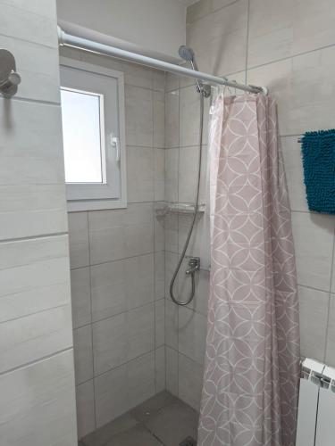 a shower with a shower curtain in a bathroom at Bienestar Studio in Bahía Blanca