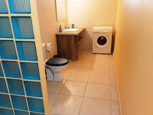 a bathroom with a toilet and a sink and a washing machine at Ti Kaz en Nou' in Pointe-Noire