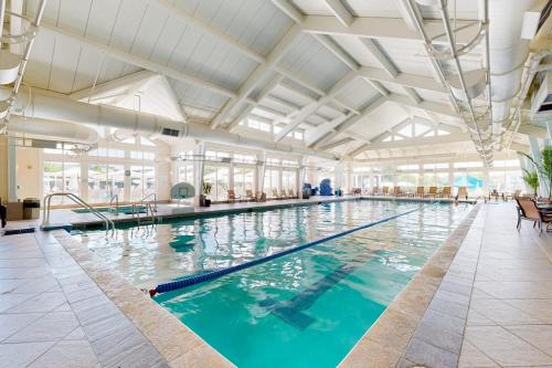 a large indoor swimming pool with blue water at The Peninsula --- 22198 Dune Cir in Millsboro