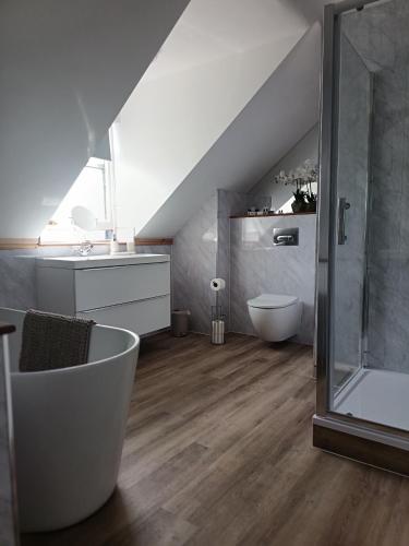 a bathroom with a shower and a sink and a tub at Bron Orme Private Hotel in Llandudno