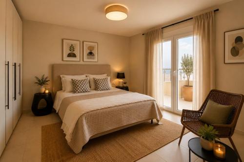 a bedroom with a bed and a large window at Endless View Villa with Private Pool & BBQ in Daratso
