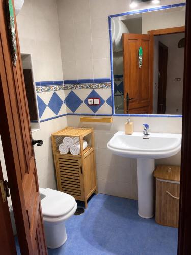 a bathroom with a sink and a toilet and a mirror at Capileira Luz de Sierra in Capileira