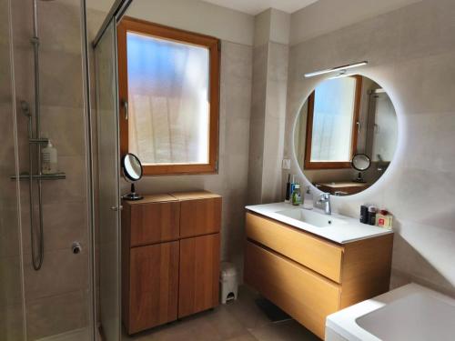 a bathroom with a sink and a mirror and a shower at Belle maison basco landaise avec jacuzzi in Labenne