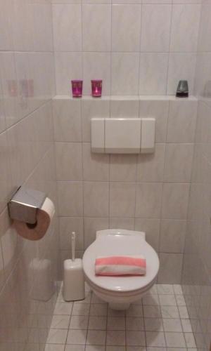 a bathroom with a toilet with a pink towel on it at Ferienhaus Hirterhütte in Abtenau