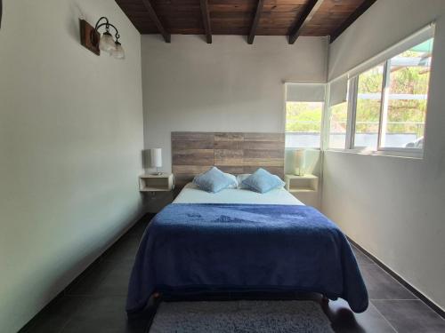 a bedroom with a bed with blue sheets and a window at Terrazas de la Quinta - Cabañas de Montaña in Mendoza