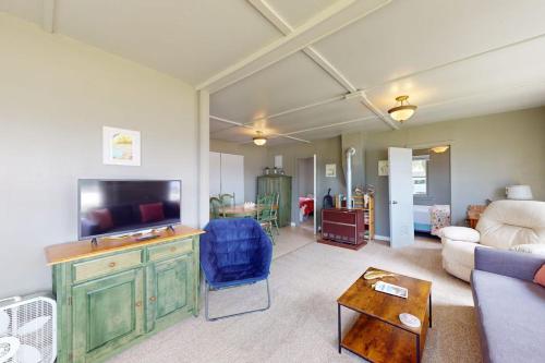 a living room with a couch and a tv at Green Cottage Getaway in Frankfort