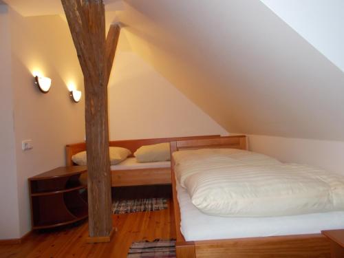 a bedroom with two beds in a attic at Hostinec u Janatů s ubytováním in Čestín