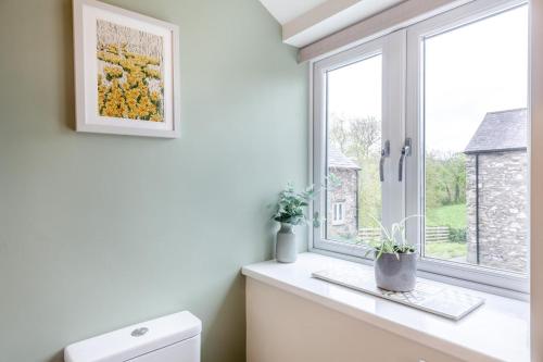 a bathroom with a window with two potted plants at 1 Bed in Abergele oc-bow134 in Llanfair Talhaiarn