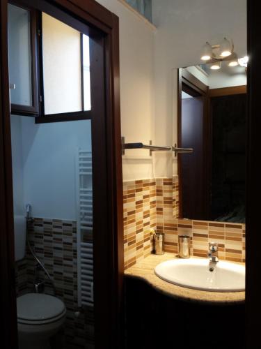a bathroom with a sink and a toilet and a mirror at Bed & Breakfast Via Venezia in Regalbuto