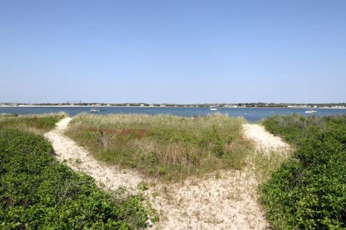 two sandy paths in the grass next to the water at Harbor Point Cottage in Bourne