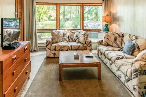 a living room with a couch and a coffee table at Casual Lake Living in Union Pier