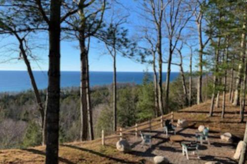 a group of people sitting on a hill in the woods at Tally-Sun on the Bluff in Harbor Springs