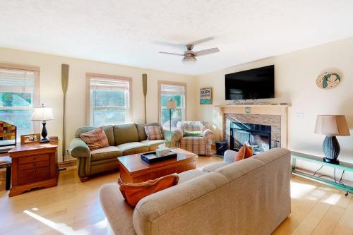 a living room with a couch and a fireplace at Absolute Leelanau in Glen Arbor