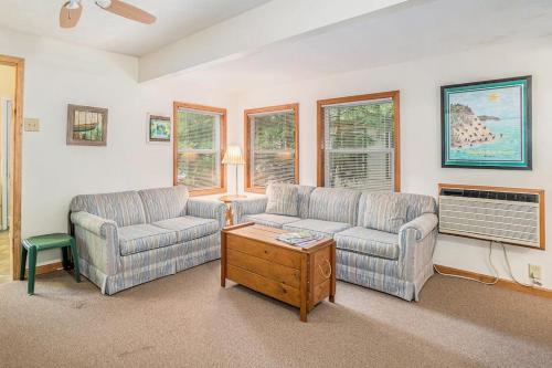 a living room with two couches and a table at Goshorn Lake's Endless Summer in Saugatuck